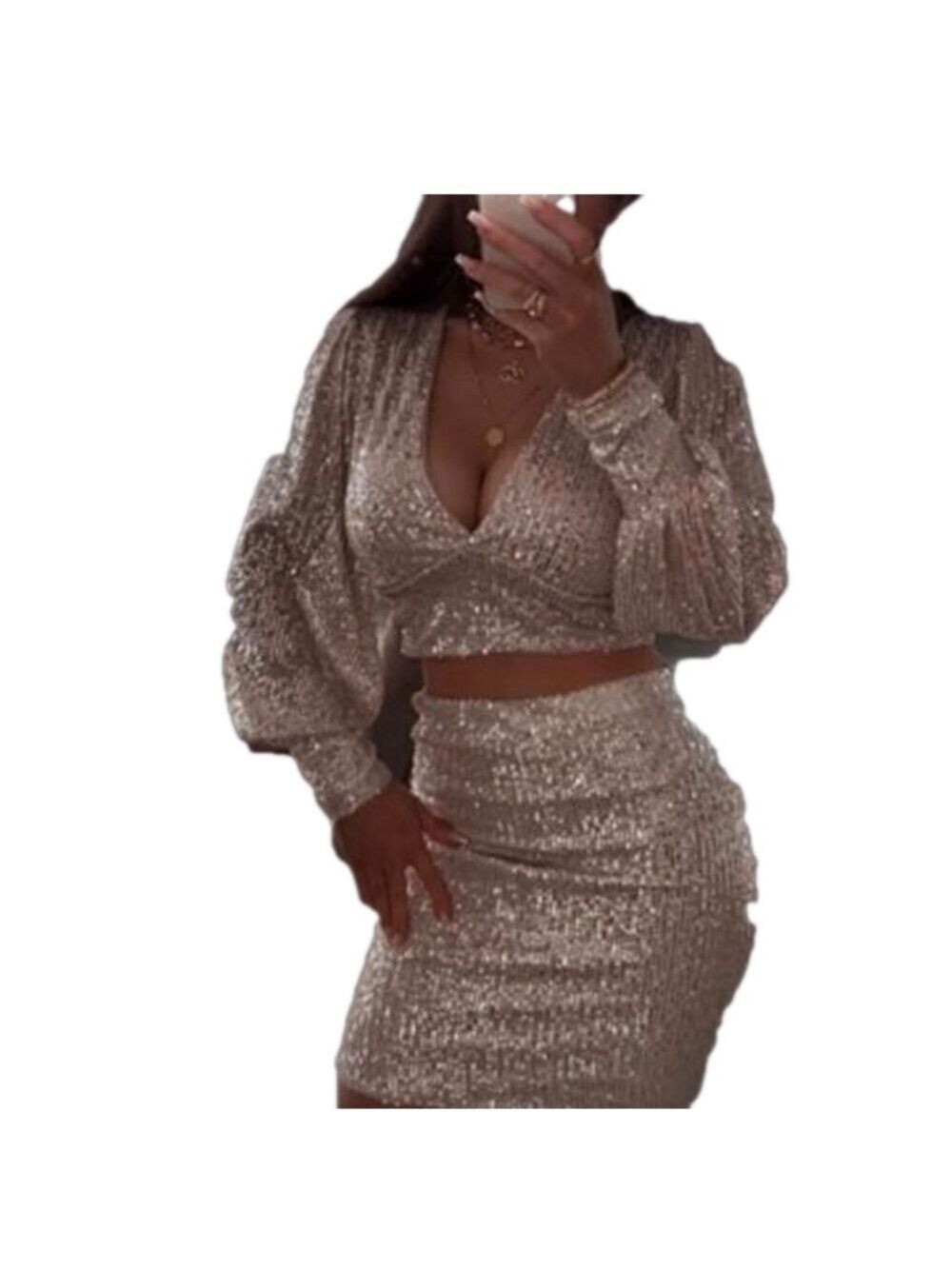 Audrey 3 + 1 dosco vibes 2 piece gold sequin crop top skirt set nwt medium